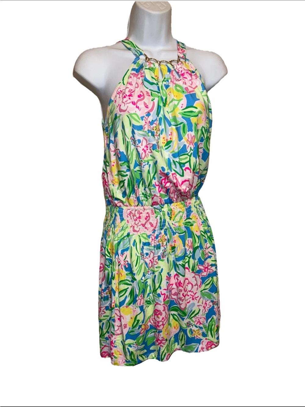 Lilly Pulitzer colorful preppy Dress with gold bamboo neck detail small